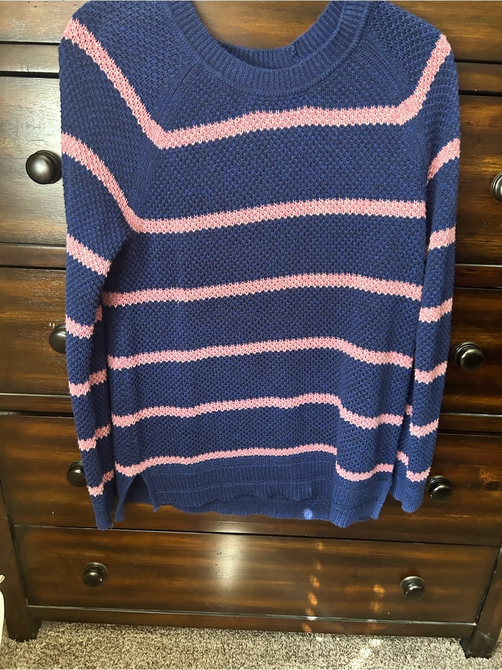 Old Navy Navy and Pink Striped Long Sleeve Crewneck Sweater